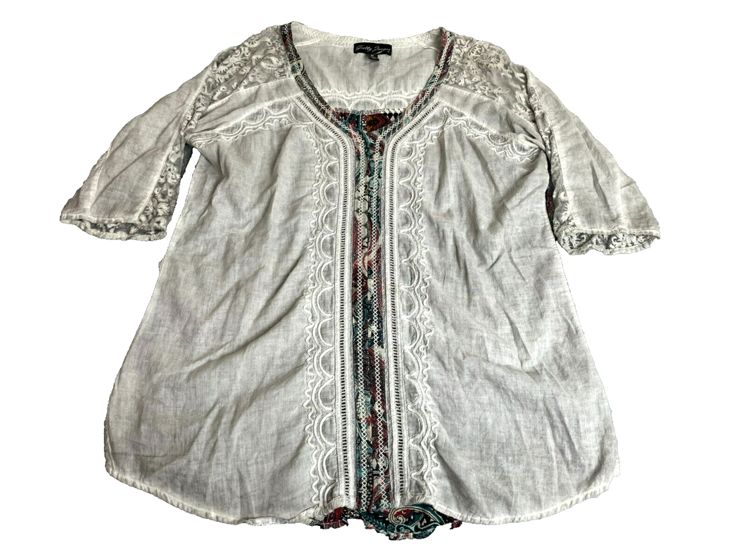 Gretty Zueger Shirt Womens Exrtra Large Gray Boho Paisley Tunic Blouse Lace Trim