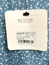 Load image into Gallery viewer, Sage The Label Jumpsuit Womens Medium Blue Tie Front Keep Her Wild Rayon NWT $98
