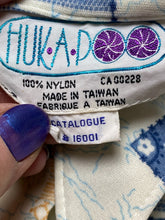 Load image into Gallery viewer, VTG Hukapoo Shirt Womens Large 18 Blue Orange AOP Abstract Nylon Button Up 70s
