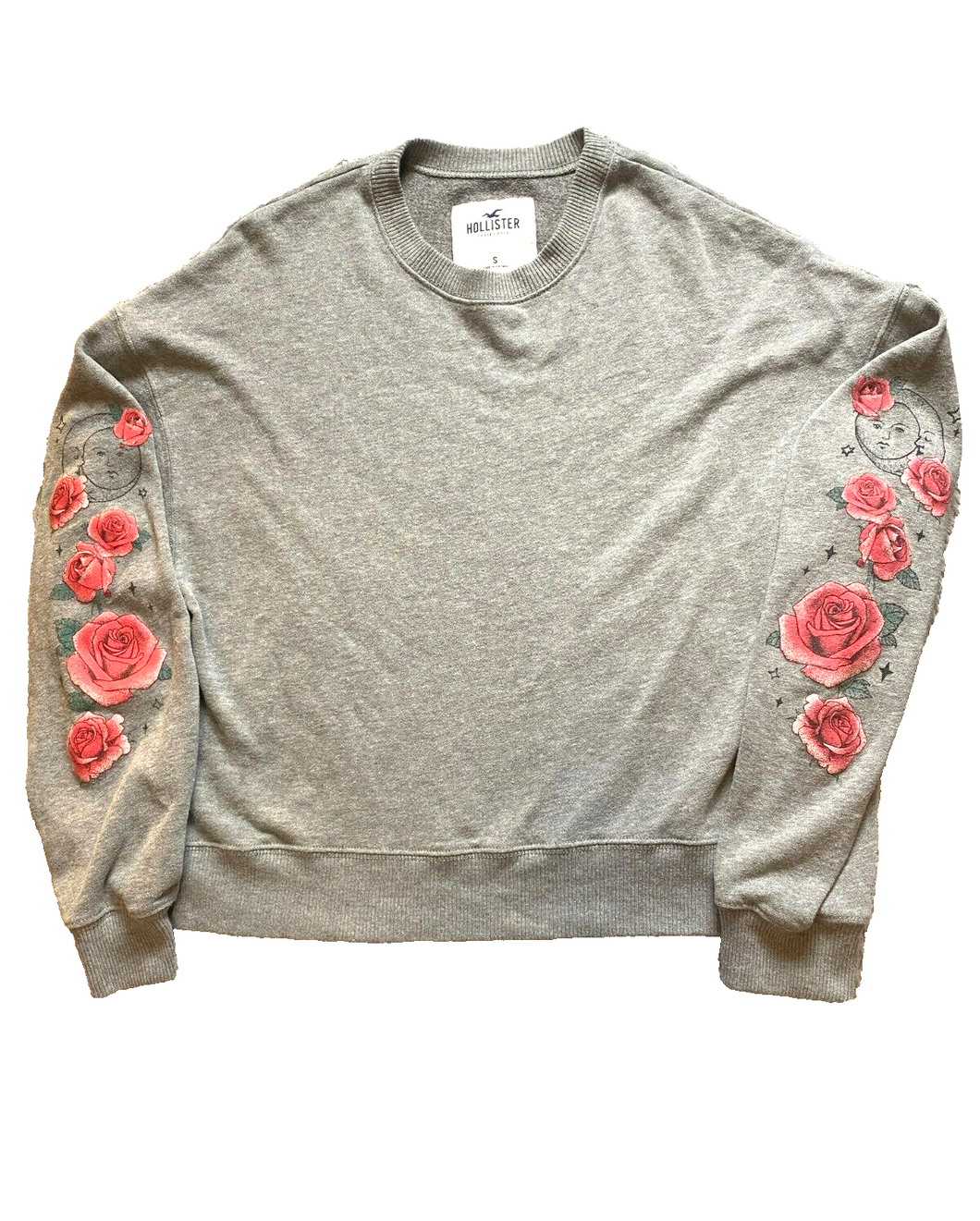 Hollister Sweatshirt Adult Small Gray Fleece Rose Moon Tattoo Art Sweater Mens