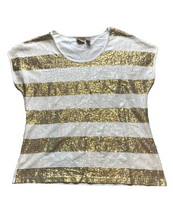 Load image into Gallery viewer, Chicos Shirt Womens 2 White Gold Sequence Shimmered Rayon Viscose Indie Ladies
