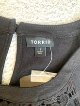 Load image into Gallery viewer, Torrid Shirt Womens 1 Black Cold Shoulder Lagenlook Crochet Lace Boho Plus NWT
