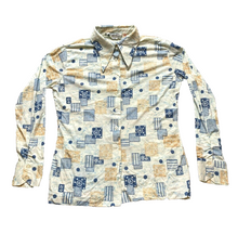 Load image into Gallery viewer, VTG Hukapoo Shirt Womens Large 18 Blue Orange AOP Abstract Nylon Button Up 70s
