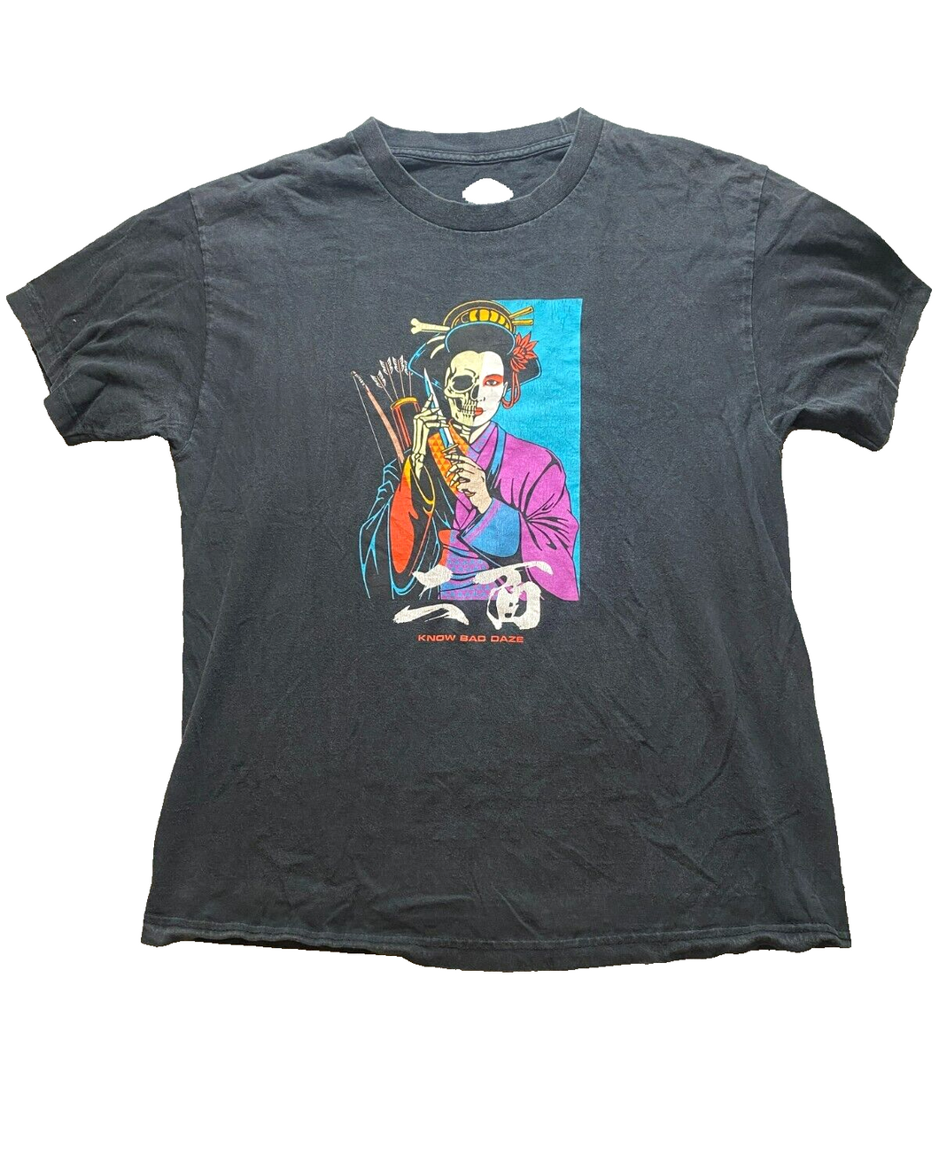 Know Bad Daze Shirt Adult Large Black Japanese Geisha Half Skeleton Grunge Mens