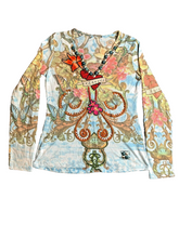 Load image into Gallery viewer, SPY Shirt Womens Medium Colorful Ladies Rhinestone Embellished Boho AOP Flower
