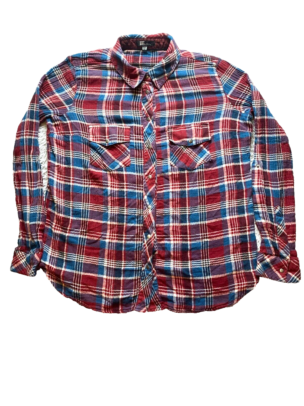 KUT From The Kloth Shirt Womens Medium Blue Red Flannel Plaid Snaps Stretch Lady
