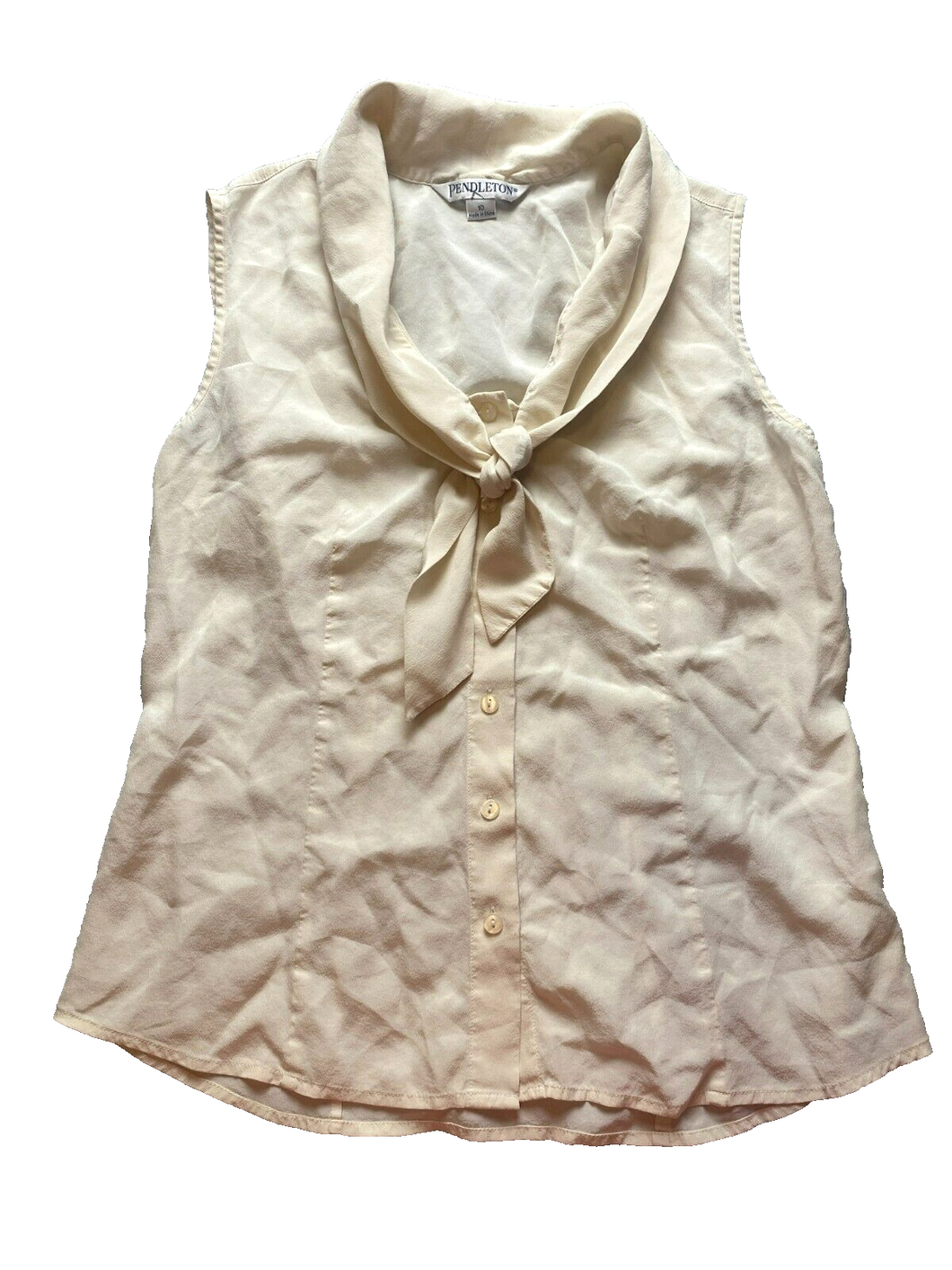 Pendleton Shirt Womens 10 Small Ivory Tank Blouse 100% Silk Tie Shawl Collar