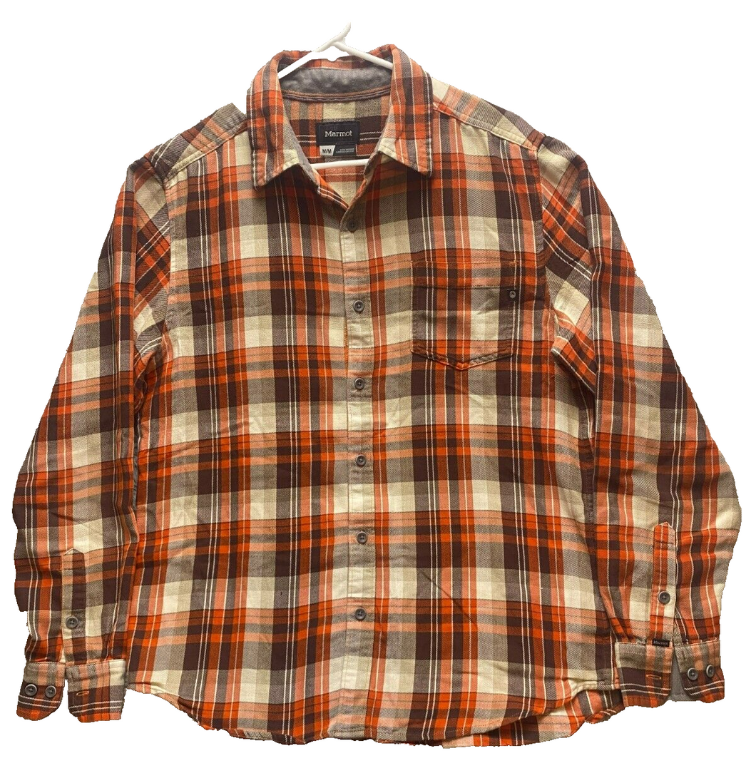 Marmot Shirt Adult Medium Orange Button Up Flannel Plaid Casual Pocket Mens