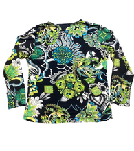 Load image into Gallery viewer, Chicos Shirt Womens 3 Black Green AOP Geometric Flower Whimsigoth Rayon Blouse
