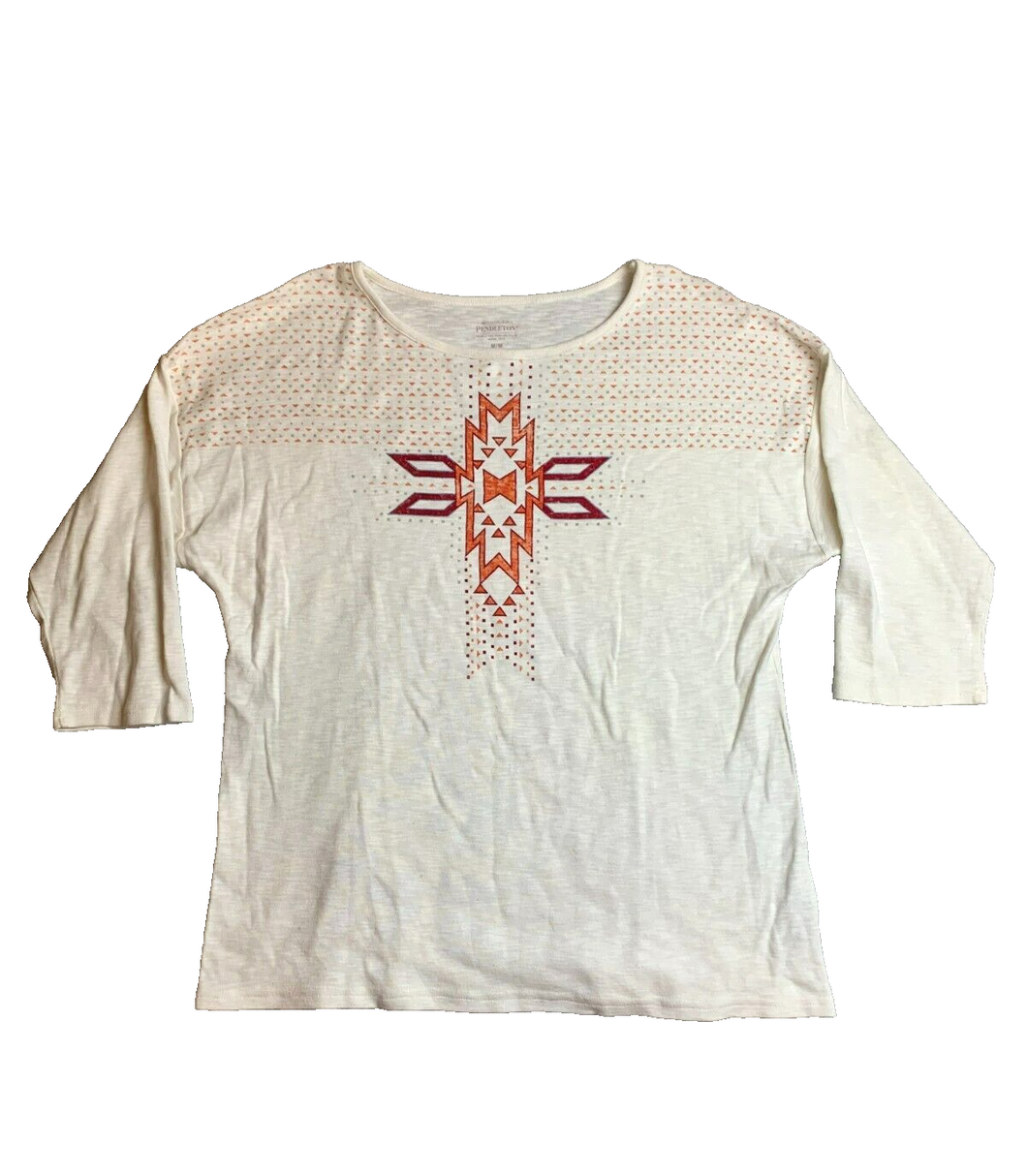 Pendleton Shirt Womens Medium Ivory Cross Aztec Woolen Mills Oversized Ladies