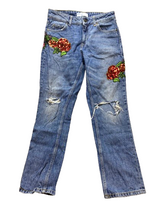 Load image into Gallery viewer, Zara Jeans Womens 02 (29x25.5) Blue Denim Sequin Rosette Applique Destroyed
