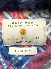 Load image into Gallery viewer, Zara Man Shirt Adult Small Blue Red Plaid Denim Accent Pocket Button Up Mens
