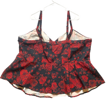 Load image into Gallery viewer, Torrid Shirt Women 6 6X Black Red AOP Flower Sweetheart Lace Up Boho Peplum Plus
