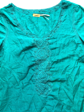 Load image into Gallery viewer, Max Studio Shirt Womens Medium Teal Green Lace Trim Embroidered Oversized Boho
