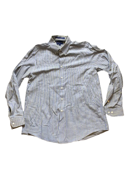 Alan Flusser Shirt Adult Medium Blue Yellow Striped Pocket Casual Cuffs Mens