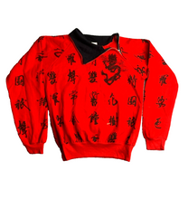 Load image into Gallery viewer, VTG Scarab Sweater Womens Medium Red AOP Chinese Writing Words Dragon Zip Collar
