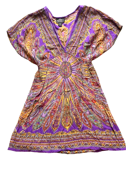 Angie Dress Womens Large Purple Rainbow Empire Waist AOP Paisley Boho Dashiki