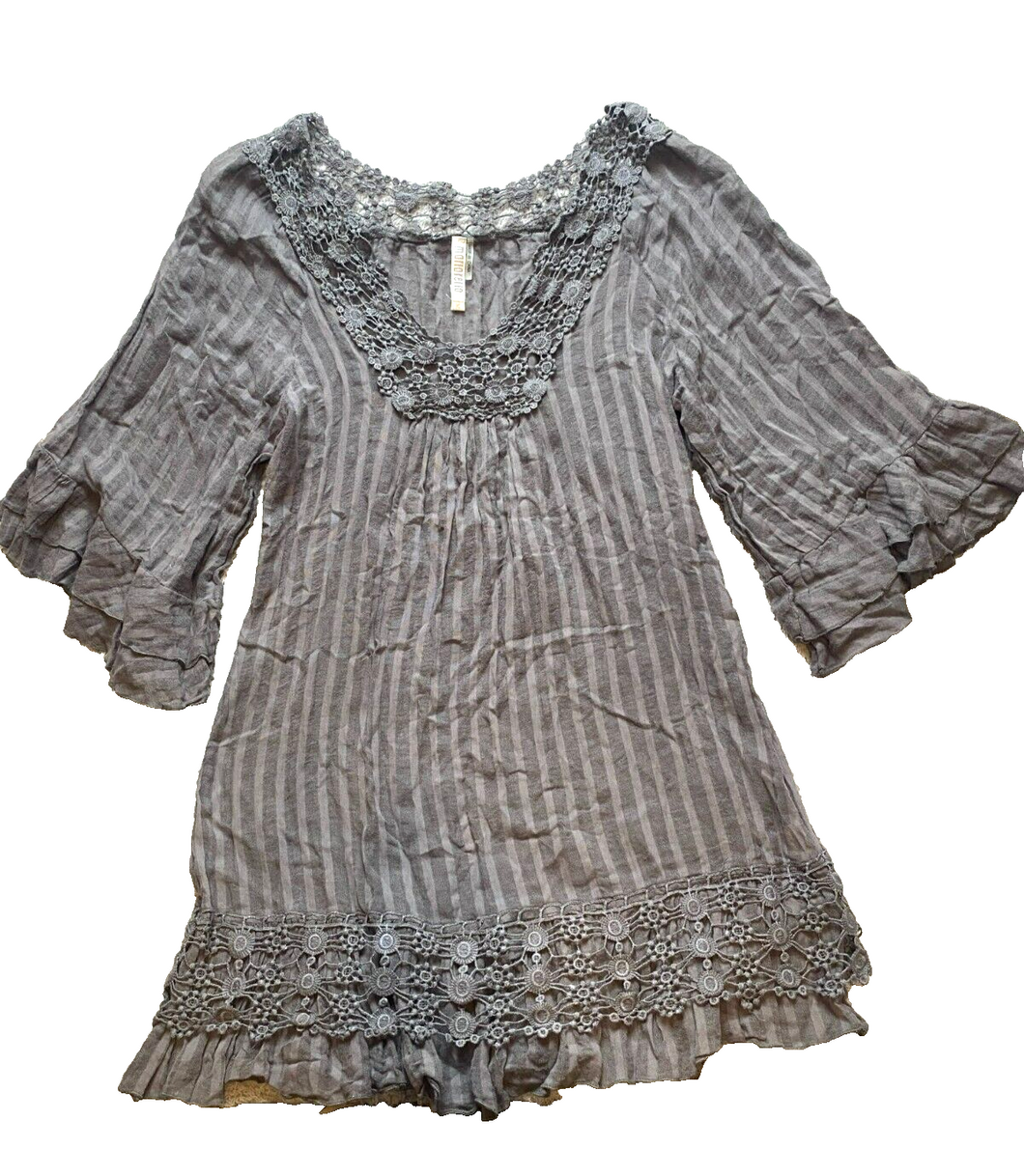Monoreno Dress Womens Medium Gray Crochet Lace Ruffle Boho Peasant Hippie Ladies