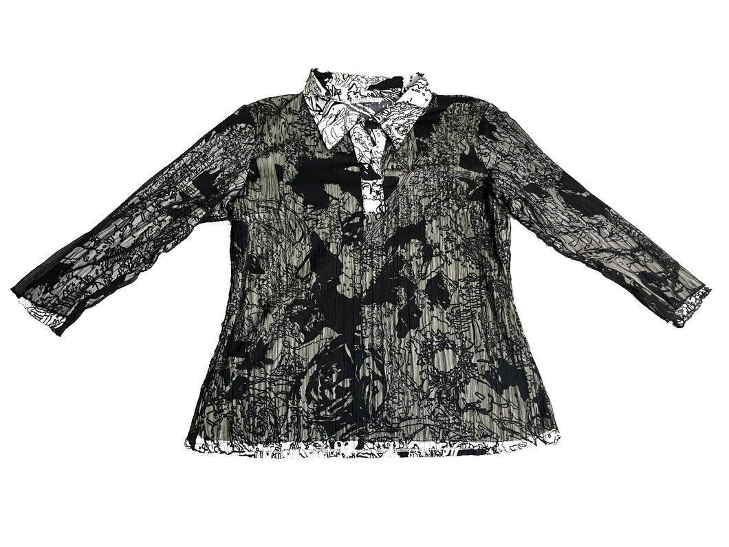 Alberto Makali Shirt Womens Medium White Black Collared Grunge Lined Blouse Goth