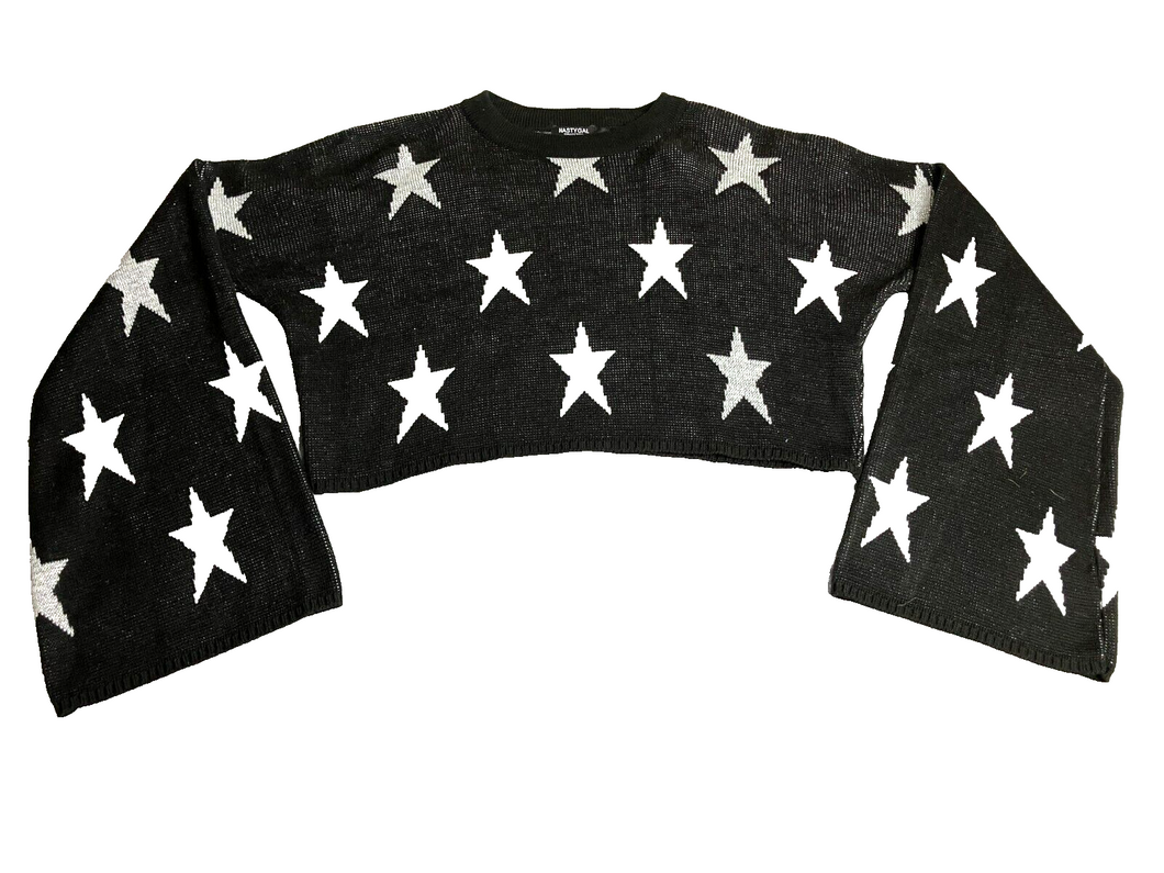 Nasty Gal Sweater Womens Small Oversized Black AOP Star Cropped Pullover Ladies
