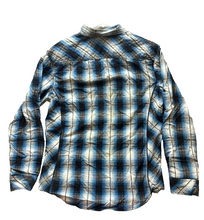 Load image into Gallery viewer, Helix Shirt Adult Medium Blue Black Plaid Athletic Fit Button Up Roll Tab Mens
