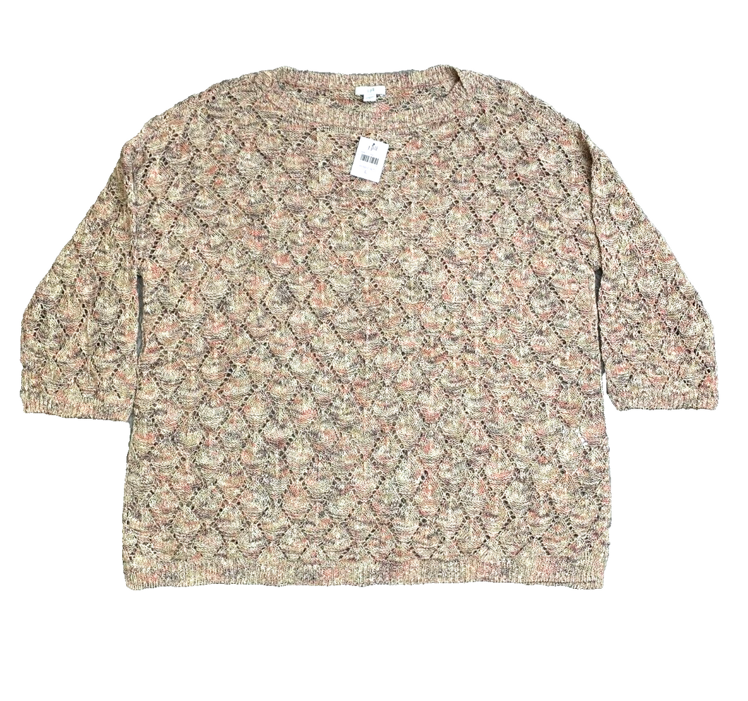 J Jill Sweater Women Large Pebble Malt Diamond Pointelle Knit Oversized Boxy NWT