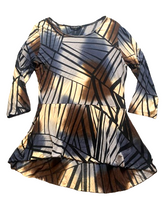 Load image into Gallery viewer, Dunia Shirt Womens Large Blue Brown Geometric Peplum Babydoll Flowy Blouse Rayon
