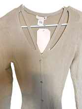 Load image into Gallery viewer, UNE AME Dress Womens Small Champagne Ribbed Knit Bodycon Nylon Pearl Buttons NWT
