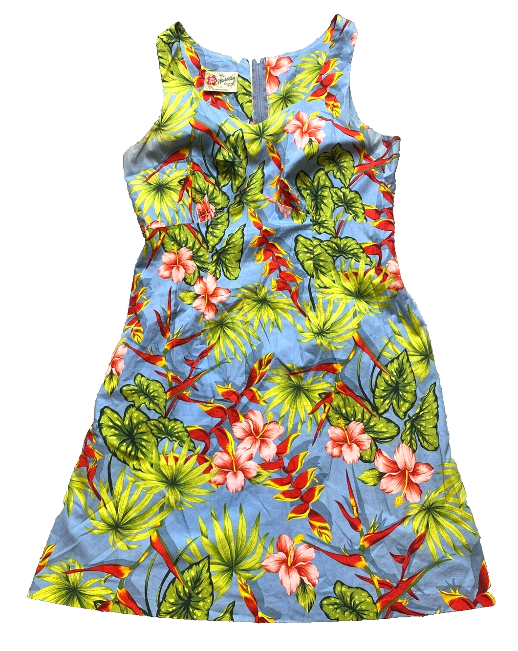Hilo Hattie Dress Womens 12 Medium Blue Green AOP Flower Hawaiian Aloha Sheath