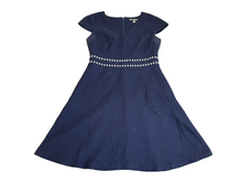 Load image into Gallery viewer, Karl Lagerfeld Dress Womens 8 Navy V-Neck Pearl Tweed Boho Lined Flared Paris
