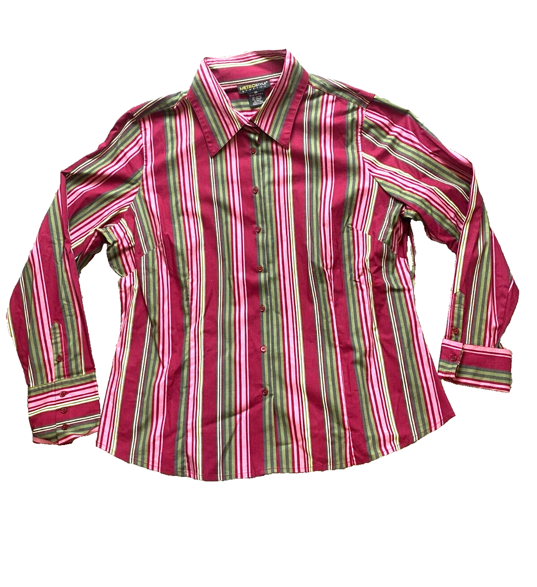MetroStyle Shirt Womens 20 (XL) Pink Green Stripes Stretch Collared Career Lady