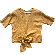 Load image into Gallery viewer, Anthropologie Grade &amp; Gather Shirt Women Small Tan Tie Boho Peasant Linen Blouse
