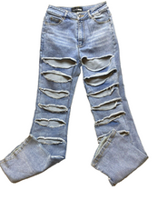 Load image into Gallery viewer, Fashion Nova Jeans Womens 3 (28x30) Blue Destroyed Ripped Flared Spandex Stretch
