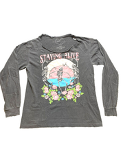 Load image into Gallery viewer, Staying Alive Shirt Womens Medium Gray Dancing Skeletons Flower Whimsigoth Goth
