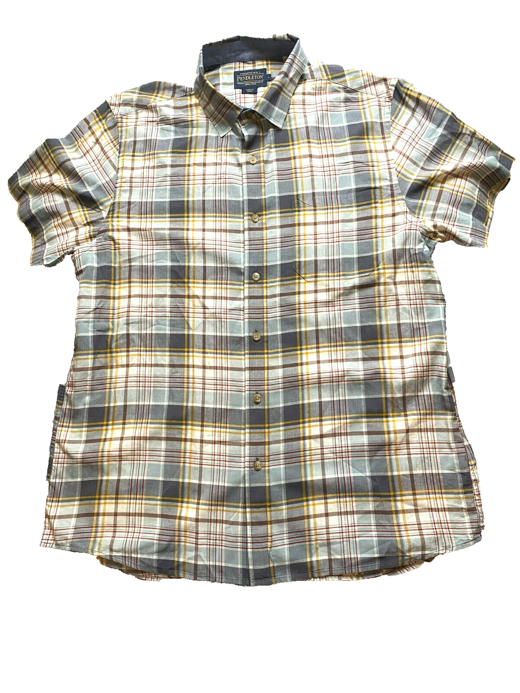 Pendleton Shirt Adult Large Gray Gold Plaid Woolen Mills Button Up Casual Mens