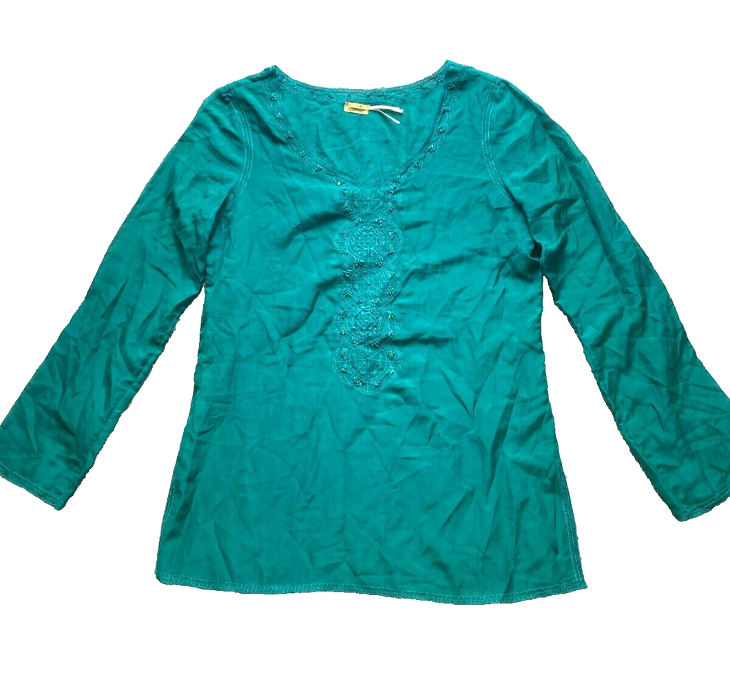 Max Studio Shirt Womens Medium Teal Green Lace Trim Embroidered Oversized Boho