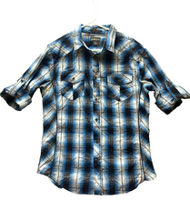 Load image into Gallery viewer, Helix Shirt Adult Medium Blue Black Plaid Athletic Fit Button Up Roll Tab Mens
