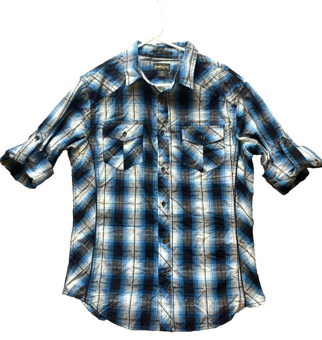 Helix Shirt Adult Medium Blue Black Plaid Athletic Fit Button Up Roll Tab Mens