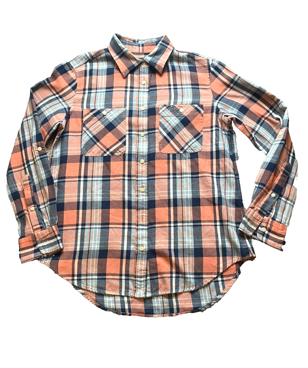 Lauren Ralph Lauren Shirt Womens Medium Peach Teal Button Up Flannel Plaid Lady