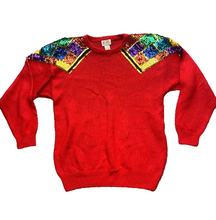 Load image into Gallery viewer, VTG Knit Concept Sweater Womens Large Red Sequined Colorful Outerwear Pullover
