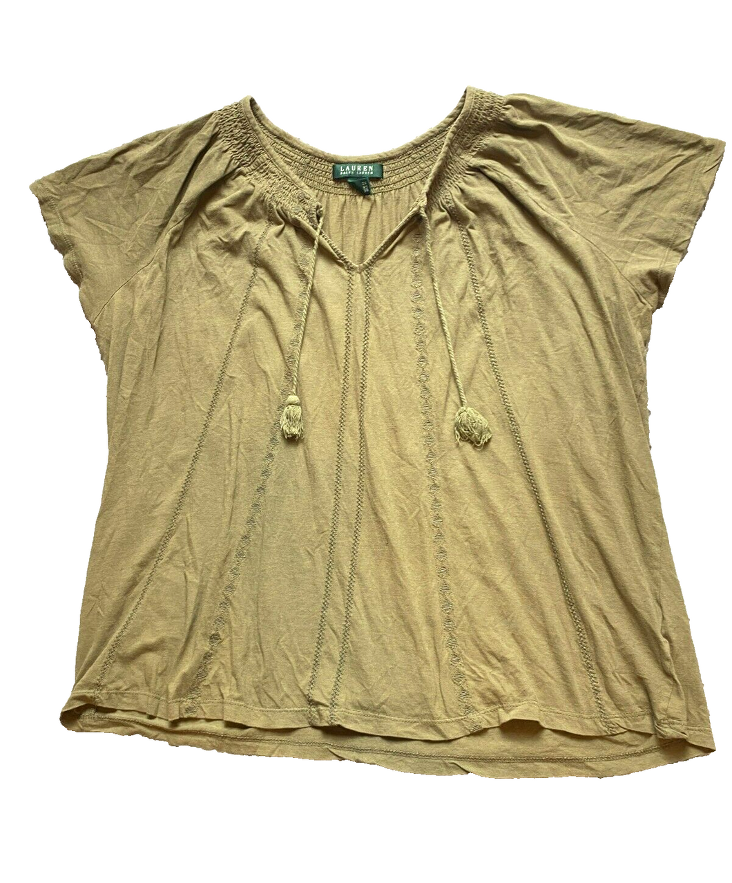 Lauren Ralph Lauren Shirt Womens 1X Olive Green Tasseled Boho Boxy Blouse Plus