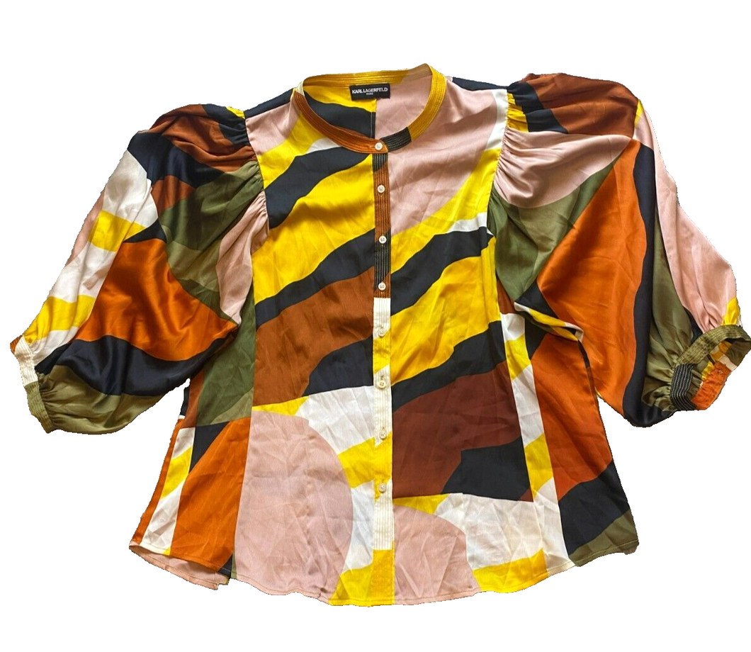 Karl Lagerfeld Shirt Womens 2X Multicolor Geometric Button Up Blouse Paris Plus
