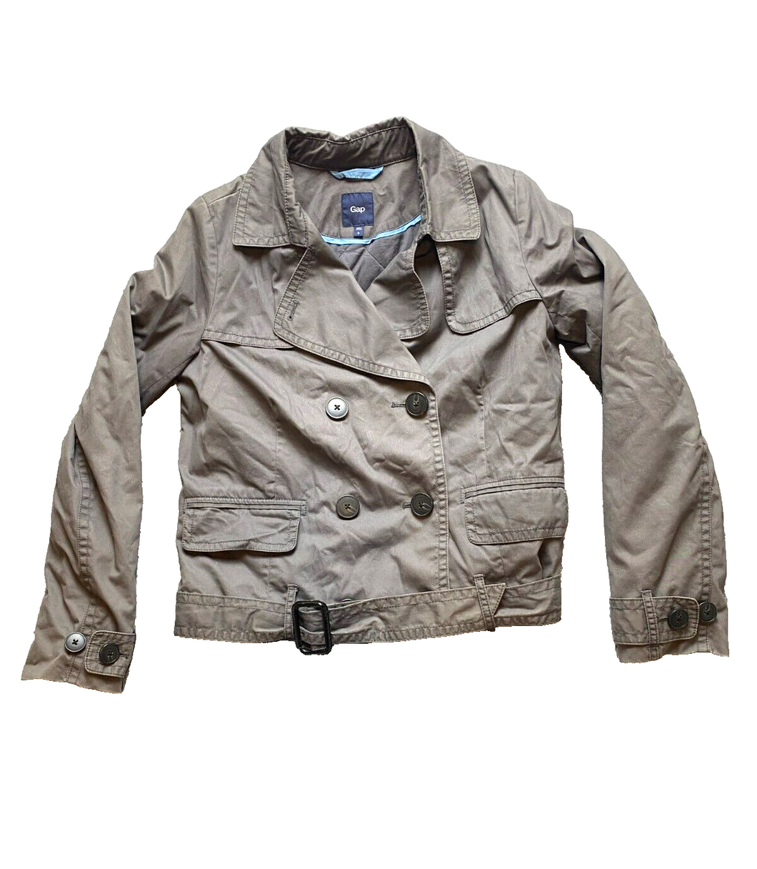 GAP Jacket Womens Medium Gray Double Breasted Nylon Lined Quilted Belted Nylon
