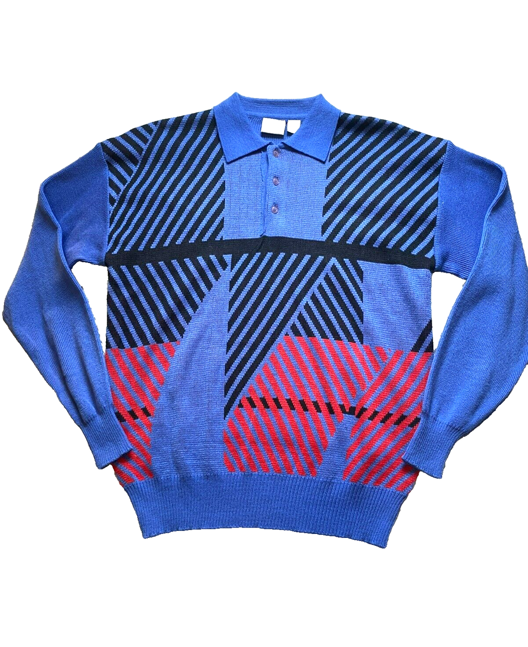 Phases Sweater Adult Large Blue Collared Acrylic Geometric Knits Outerwear Mens