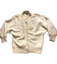 Load image into Gallery viewer, Angora Sweater Womens Small Beige Button Up Cardigan Embroidery Pearl Beaded

