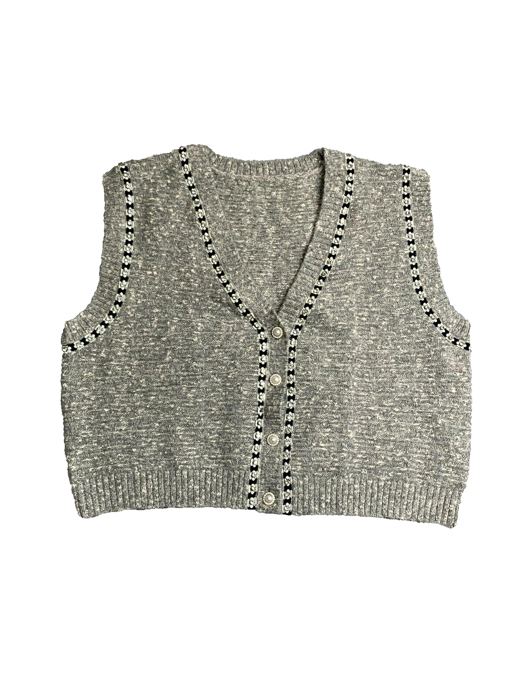 Ledin Vest Womens Large Heather Gray Rhinestones Button Up Pearl Sweater Ladies