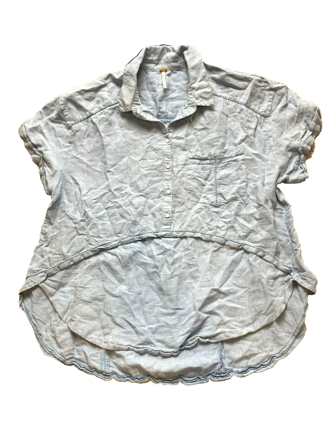 Free People Shirt Womens Medium Light Blue Oversized Linen Collared Buttons Boxy