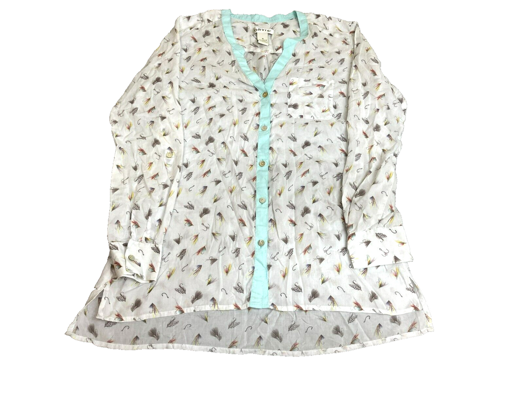 Orvis Shirt Womens 10 White AOP Fishing Lure Button Up Tunic Tencel Lightweight