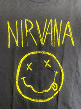 Load image into Gallery viewer, Nirvana Shirt Womens Small Black Smiley Spell Out American Rock Band Ladies
