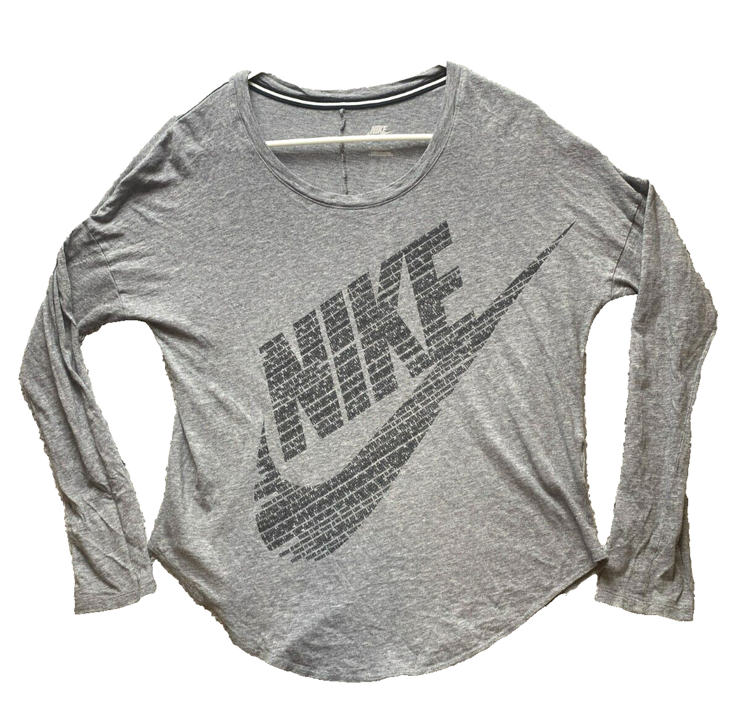 NIKE Shirt Womens Medium Gray Big Swoosh Center Logo Loose Scoop Neck Ladies